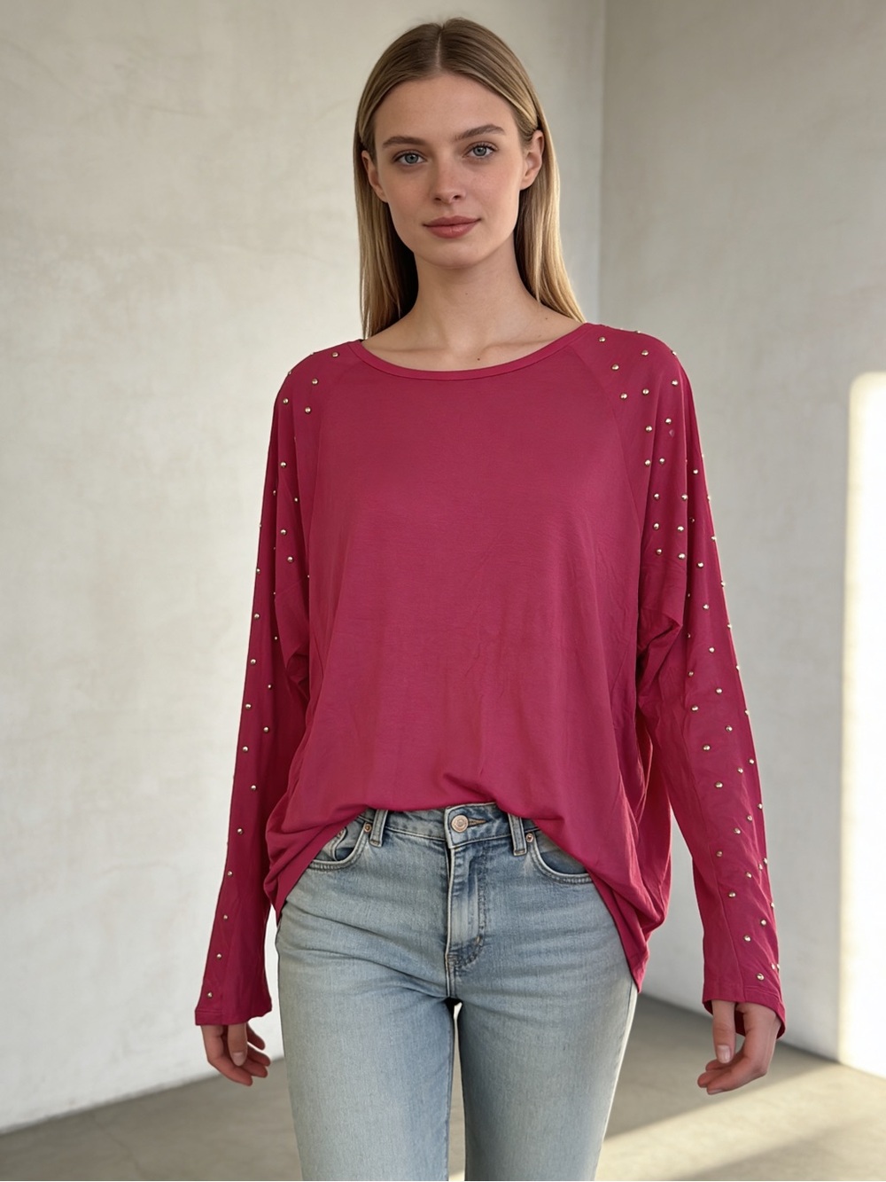 NWT Michael Kors Studded Sleeve Dolman Top Electric Pink Size S